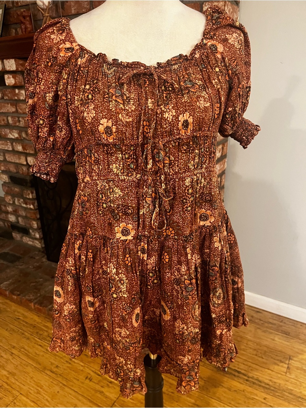 Boho Floral Peasant Dress in Rust